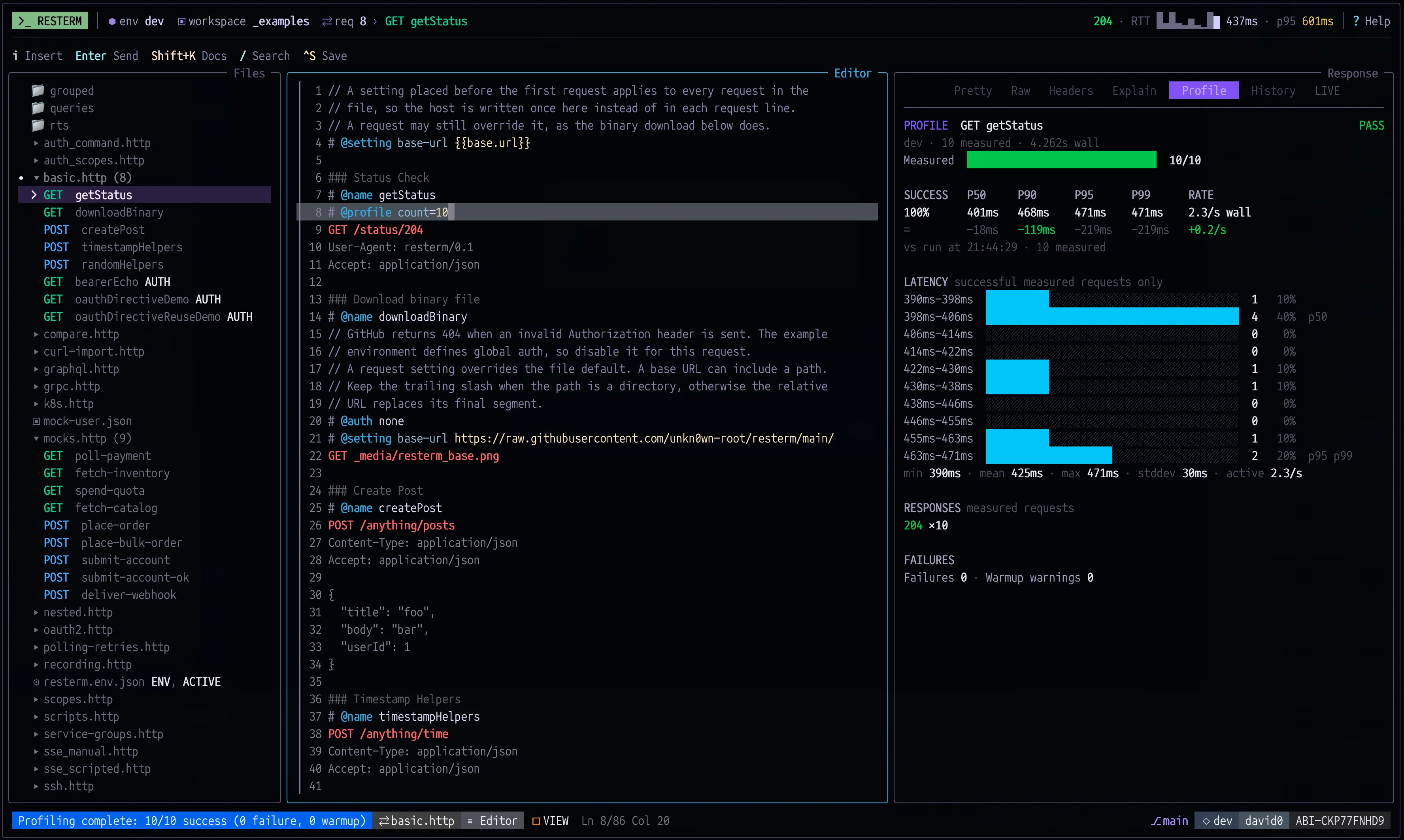 Profiler with latency percentiles and a histogram